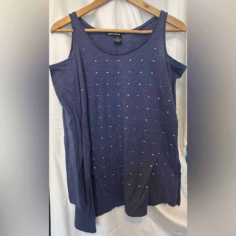 Women’s DKNY Jeans women's open shoulder studded top, Heather Blue Small